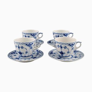 Blue Fluted Half Lace Coffee Cups with Saucers by Royal Copenhagen, Set of 8