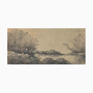 Dibujo a lápiz original de Camille Flers, The Lake Landscape, década de 1840