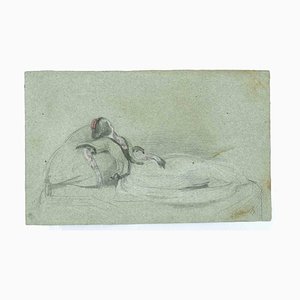Achille Devezie, Woman Dreaming on the Water, dibujo a lápiz original, década de 1830