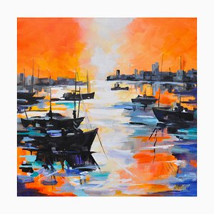 Liliane Paumier, Ciel orange sur le port, 2022, Acrylic on Canvas