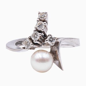 Anello vintage in oro bianco 14 kt con perla e diamanti, anni '60