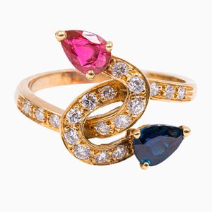 18k Yellow Gold Vintage Ring with Sapphire 0.50ct, Ruby ​​0.40ct and Diamonds 0.30ctw, 1970s