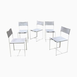 Modern Italian White Metal Grey Leather Dining Chairs by G. Belotti, Alias, 1979, Set of 5