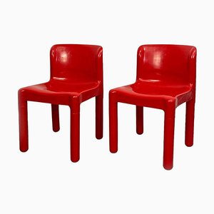 Set of Space Age Italian Red Plastic Chairs by Carlo Bartoli for Kartell, 1970s