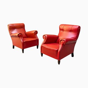 Mid-Century Modern Italian Red Leather Armchairs, 1940s, Set of 2