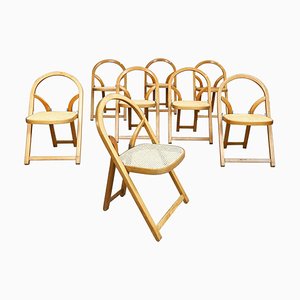Mid-Century Italian Straw and Wooden Arca Chairs by Sabadin for Crassevig, 1970s, Set of 8
