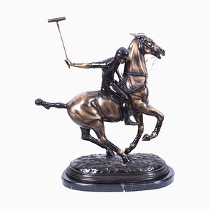 Sculpture de Cheval au Galop de Joueur de Polo Vintage en Bronze, 20ème Siècle