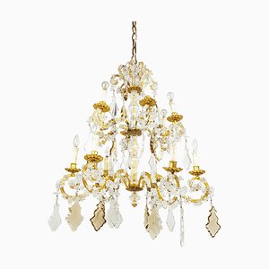 Large Italian Gold Leaf Metal and Faceted Crystal 12-Light Chandelier, 1930s