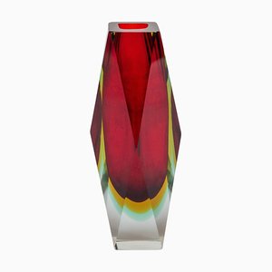 Jarrón italiano vintage de cristal de Murano Sommerso rojo macizo de Flavio Poli