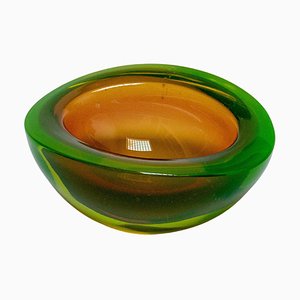 Vintage Mid-Century Bowl in Green Murano Style Glass with Orange Accents