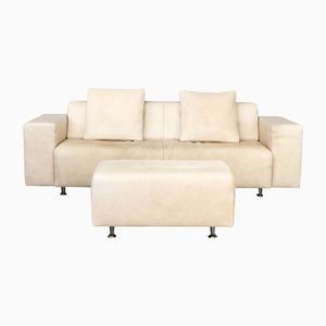 Cream Sofa in Bull Leather and Hocker for Molinari Italy, 1990s, Set of 2