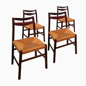 Scandinavian Style Rosewood and Straw Chairs, Set of 4