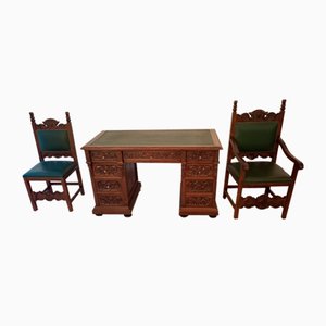 Antique Office Desk with Chairs in Walnut and Leather, Set of 3