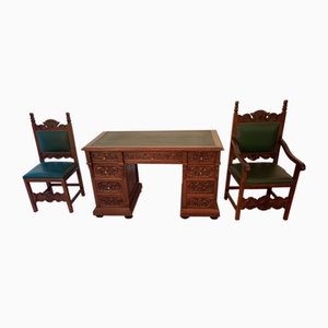 Bureau Antique avec Chaises en Noyer et Cuir, Set de 3