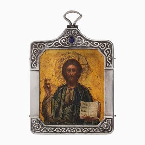 Russian Faberge Silver and Wood Miniature Icon, Moscow, 1900s