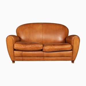 French 2-Seater Tan Sheepskin Leather Sofa