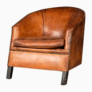 Art Deco Dutch Sheepskin Leather Tub Chair