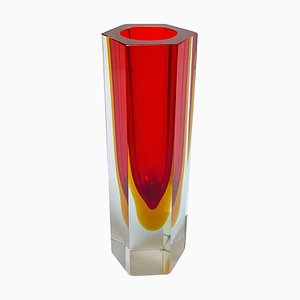 Vintage Geometric Flavio Poli Style Vase in Red Sommerso Murano Glass