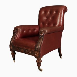 Armchair in Carved Mahogany and Leather