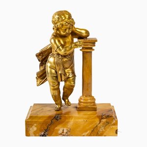 Putto Sculture, 19th-Century, Gilded Bronze & Yellow Marble