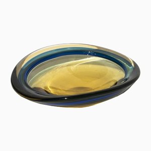Large Vintage Italian Tray in Blue and Yellow Murano Glass, 1960s