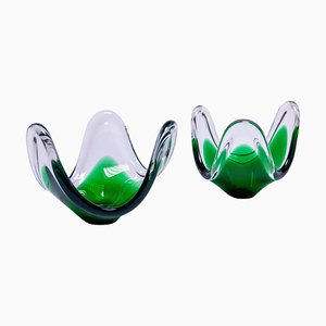 Vintage Italian Sculptures in Clear and Green Murano Glass, Set of 2