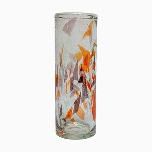 Tall Vintage Italian Vase in Clear Murano Glass with Mosaic Flakes Decoration