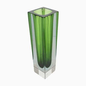 Kleine geometrische Vintage Vase aus grünem Sommerso Murano Glas