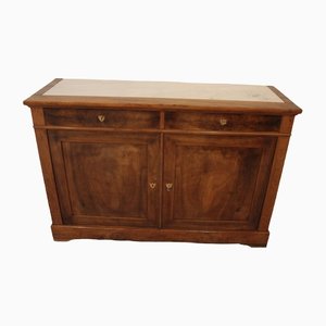 Antique French Low Sideboard in Walnut and White Marble