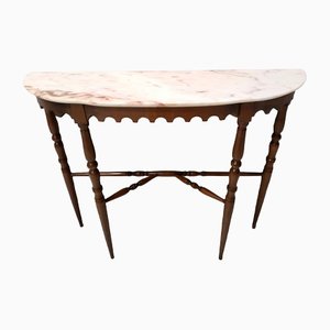 Vintage Beech Console Table with Demilune Portuguese Pink Marble Top, Italy