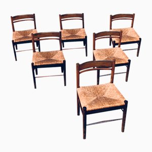 Mid-Century Belgium Wengé & Paper Cord Dining Chairs, 1960s, Set of 6