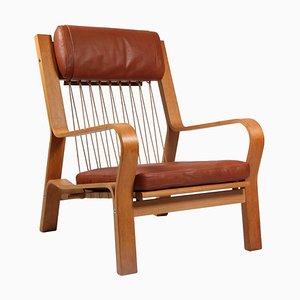 Modell 671 Sessel mit Gestell aus Eiche-Leder & Baumwolle von Hans J. Wegner für Getama