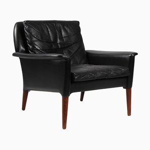 Rosewood Black Original Leather Lounge Chair by Hans Olsen, 1960s