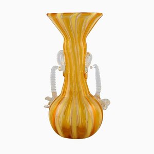 Yellow and Clear Mouth-Blown Art Murano Glass Vase with Handles