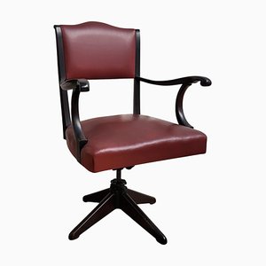 Italian Bordeaux Leather & Wood Open Arm Turning Chair