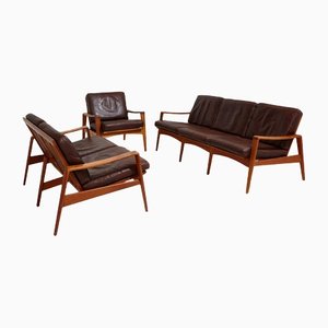 Danish Leather Sofa Set by Arne Wahl Iversen for Komfort, Set of 3