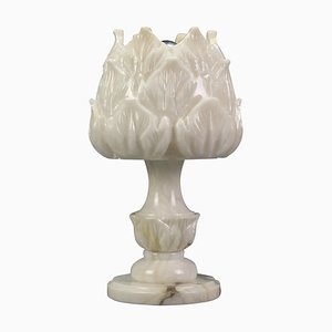 Italienische Mid-Century Tischlampe aus Alabaster mit weißen Blumen, 1950er