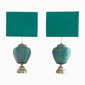 Table Lamps in Blue Ceramic and Nickel, 1970s, Set of 2