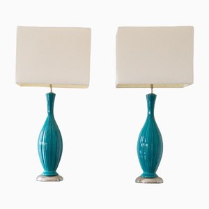 Turquoise Ribbed Ceramic Lamps, 1960s, Set of 2