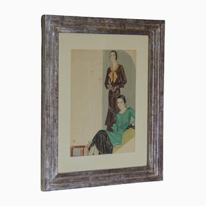 Art Deco Fashion Watercolour Painting in Silver Gilt Frame