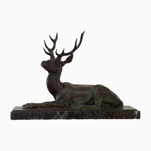 Antique French Recumbent Stag Figure in Bronze