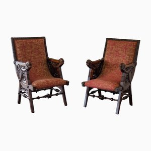 Antique Continental Armchairs in Carved Walnut, Set of 2