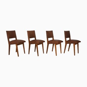 Sillas de comedor de madera de roble y cuero atribuidas a Jens Risom para Knoll International, años 50. Juego de 4