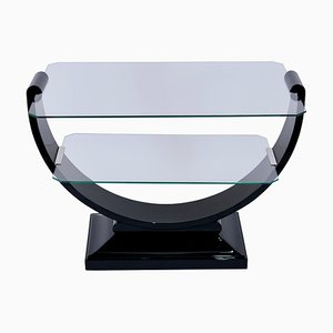 U-Shaped French Art Deco Side Table in Black Lacquered Wood & Glass, 1930s