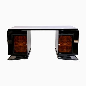 Art Deco French Office Desk with Nutwood Veneer and Black Lacquer Body, 1930s
