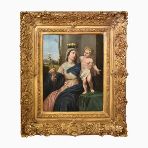 Madonna and Child Jesus, 19th-Century, Oil on Canvas, Framed
