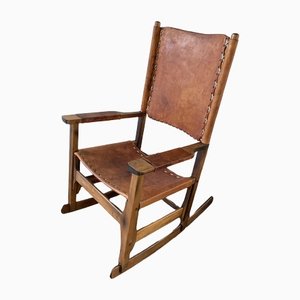 Leather & Nut Wood Swing Chair Made by Werner Biermann for Artesano Bogota, Colombia, 1970s