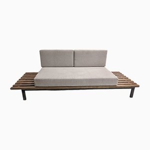 Cansado Bench in Mahogany with Mattress and Cushion in Grey Fabric by Charlotte Perriand