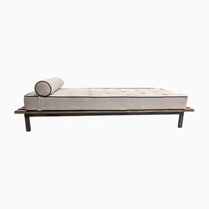 Cansado Bench in Mahogany with Mattress and Bolster in Grey Fabric by Charlotte Perriand for Steph Simon