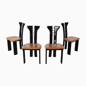 French Black Lacquered Wood Chairs with Cognac Leather Seat by Pierre Cardin, 1970s, Set of 4